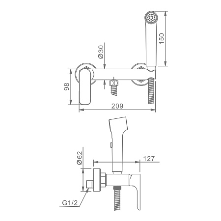 Смеситель Raglo настенный с гигиеническим душем R03.51.09