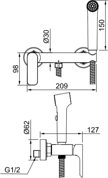 Смеситель Raglo настенный с гигиеническим душем R03.51.06